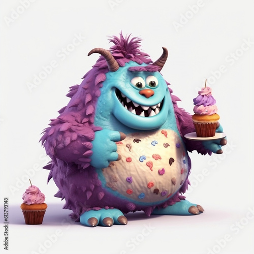 Cartoon color monster eating on white background