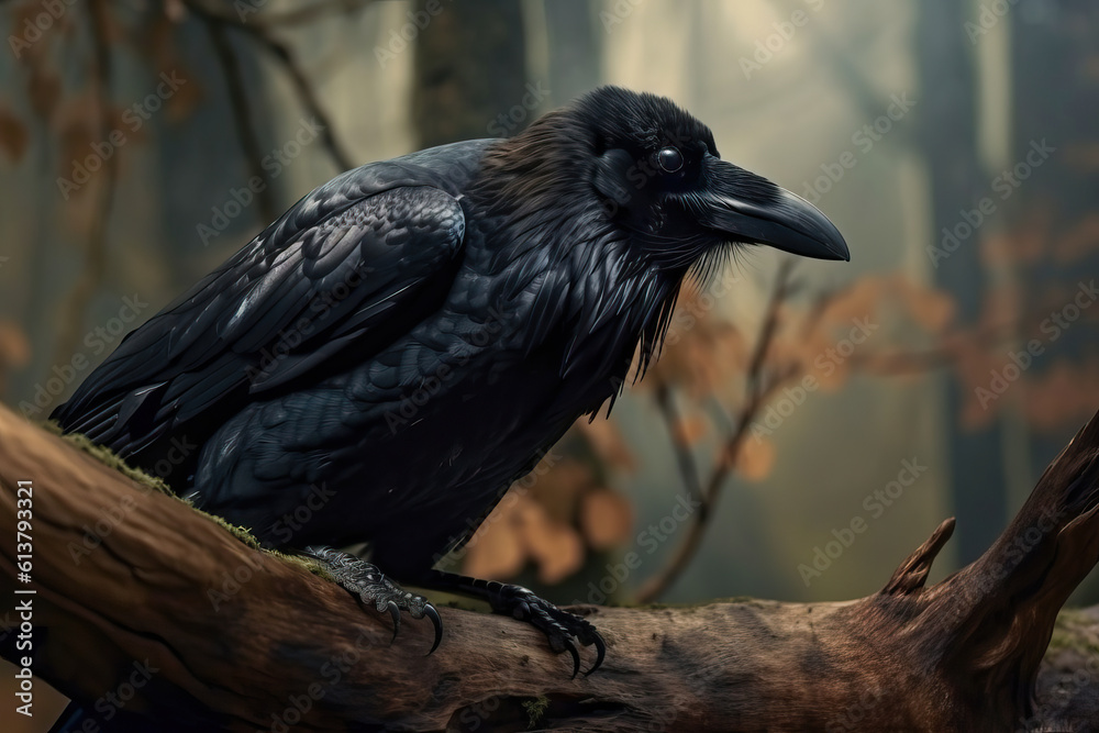 Naklejka premium raven on a branch,gloomy magical forest on an oak branch a raven is sitting,crow on a tree