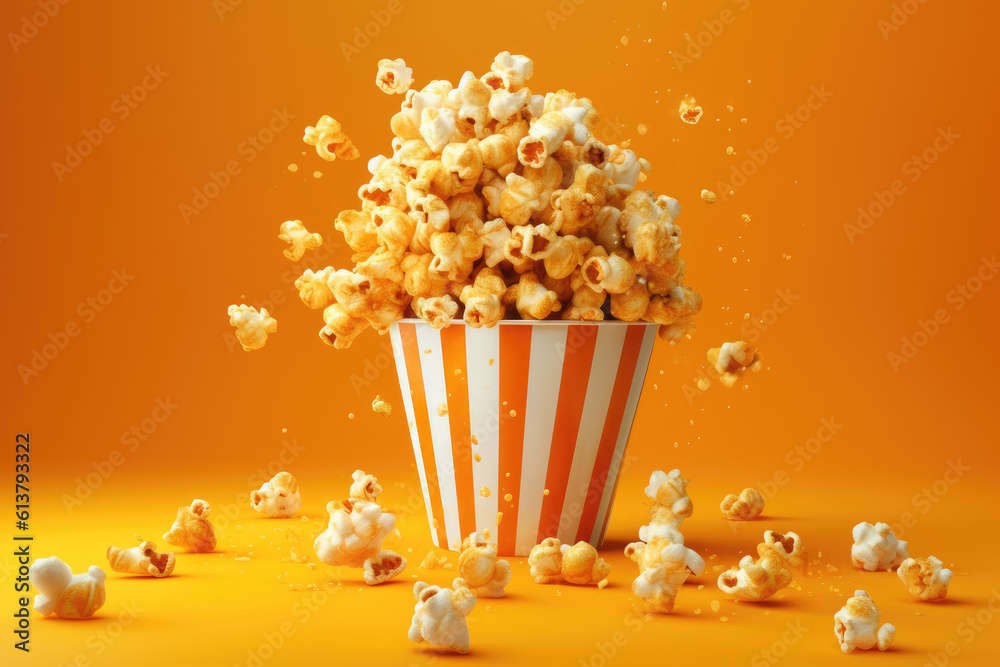Carton of popcorn exploding on a orange background. flying popcorn. Generative ai
