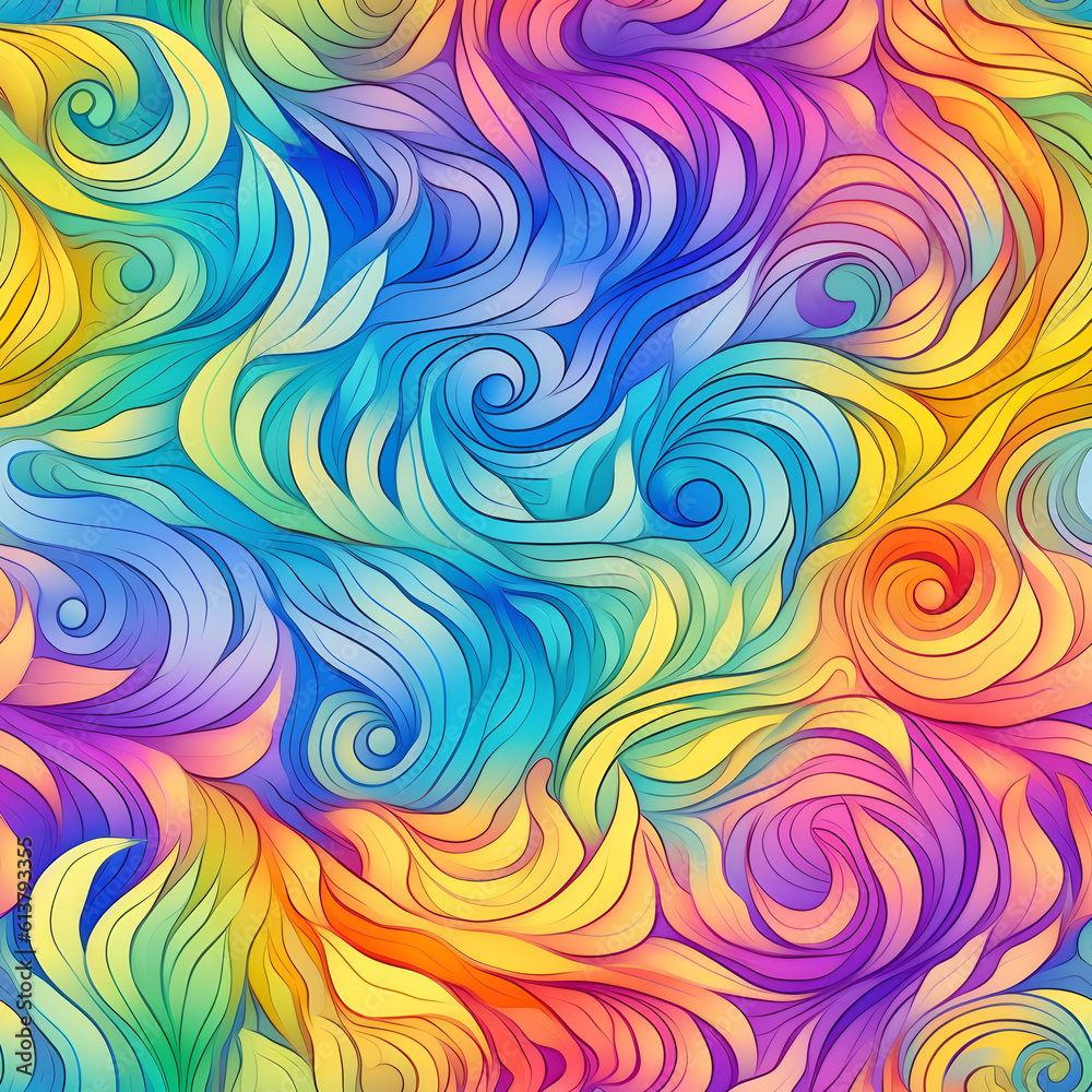 Iridescent abstract rainbow seamless pattern. Vibrant background in 80s and 90s style. AI illustration for fabric and textile, wallpapers, wrapping, web page backgrounds, cards and banners design.