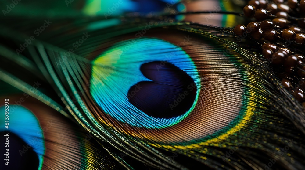 Naklejka premium peacock feather close up by generative ai