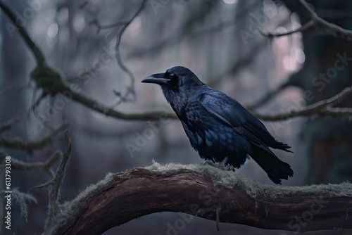 raven on a branch,gloomy magical forest on an oak branch a raven is sitting,crow on a tree