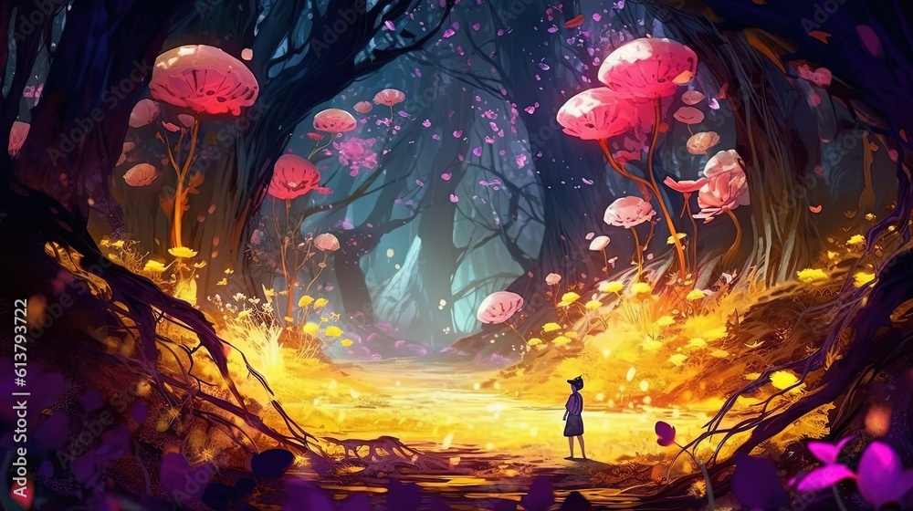 art illustration of a person walking in magic autumn forest, Generative Ai art illustration of a person walking in magic autumn forest, Generative Ai