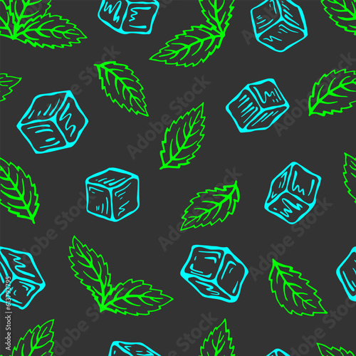 Seamless pattern with mint, ice cube. Lemonade wallpaper. Fresh summer time print.
