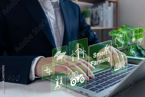 Agriculture technology.Business man monitoring with laptop computer innovations for increasing productivity in agriculture, Smart farming ai, seed and plants.