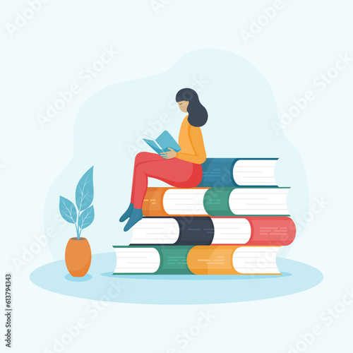 Young woman sitting on pile of books reading. Student study in library. Book therapy. World book reading day flat vector illustration