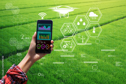 Farmers manage farmland by technology and plan their crops such as drone, truck, fertilizer and weather monitoring . smart farm and IoT internet of things concept.