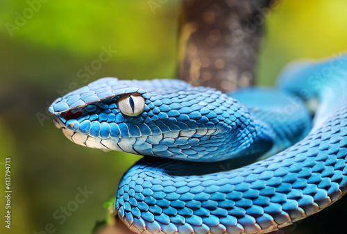 Blue viper snake closeup view