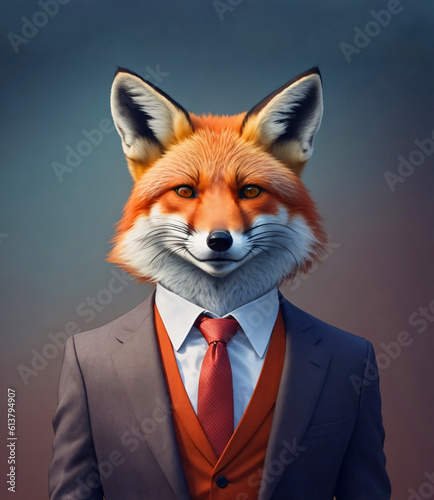 Portrait of a red fox dressed in suit, created with Generative AI.