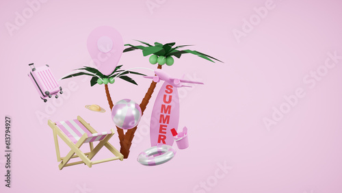 Travel Holiday Concept, Travel tourism trip planning with icon gps and plane and luggage on pink background. 3d rendering