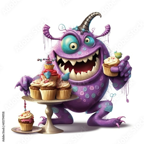 Cartoon monster eating cackes on white background photo