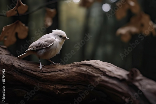 gloomy magical forest on an oak branch a White bird,animal in the forest,bird on a branch © Moon