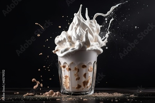 A coffee cup is also adorned with whipped cream on dark background. Generative Ai