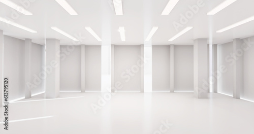 Empty white Hall exhibition space. backdrop for exhibitions and events. Tile floor. Marketing mock up.