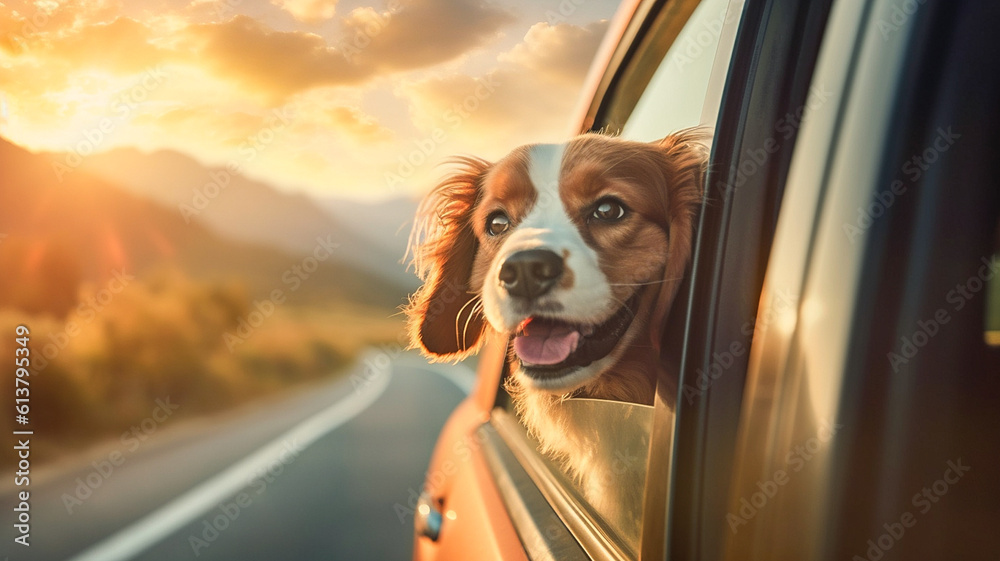 The dog is driving in the car and looking out the car window. Generative AI