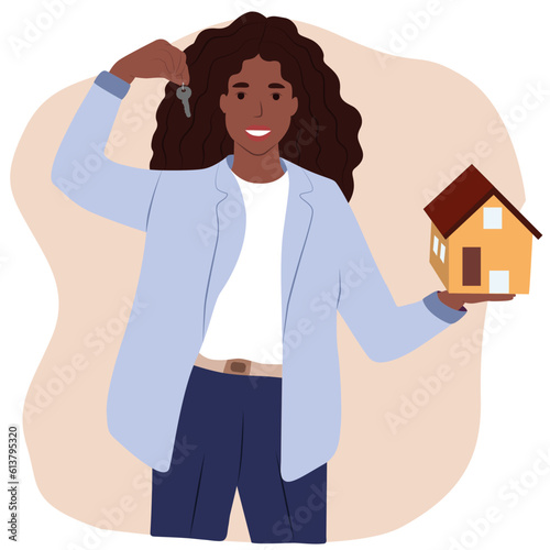 Close-up of a woman holding keys from house for sale and smiling isolated flat vector illustration. Cartoon realty agent standing near building. Real estate and mortgage concept