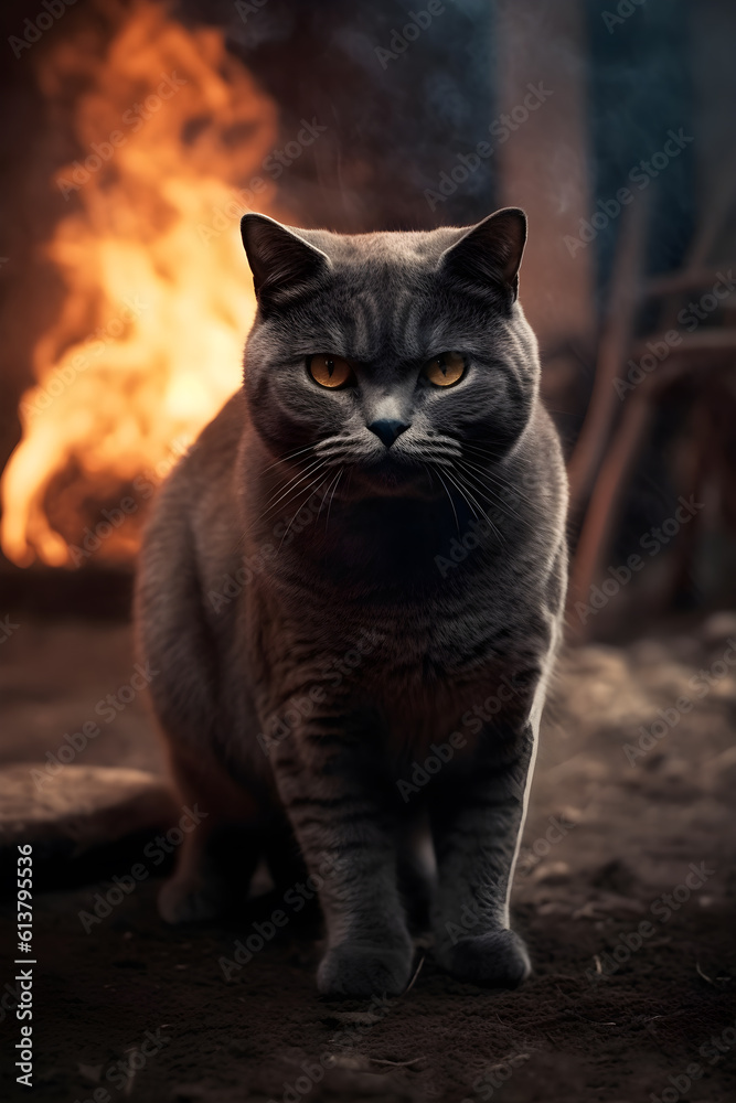 Obraz premium British short hair gray cat with sharp eyes and cool in front of fire background ,generative ai