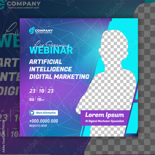 Social media template artificial intelligence (AI). Webinar, online course, and seminar flyer. Explore new trend technology artificial intelligence program university
