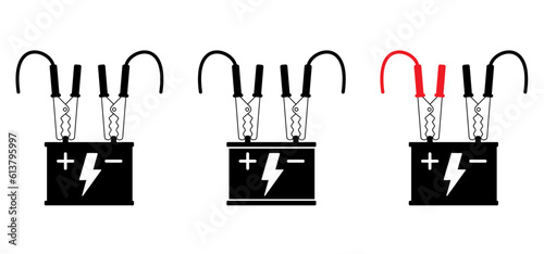 Cartoon jumper cable or jumper lead for car. Booster cable icon. Plus and minus poles. Empty battery and charge the cars. Battery jumper power cables. Jump start vehicle cable. Charging battery sign.