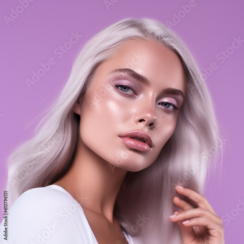 Portrait of a beautiful young woman with long blond hair and pastel color makeup. Fashion art portrait of beautiful girl with purple make-up. Fashion, Beauty concept. AI generated