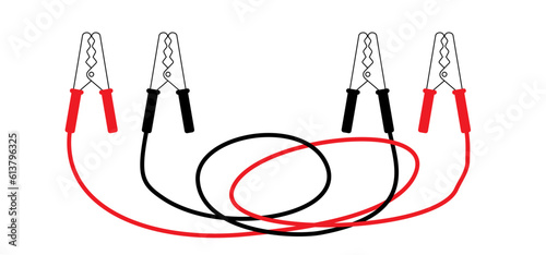 Cartoon jumper cable or jumper lead for car. Booster cable icon. Plus and minus poles. Empty battery and charge the cars. Battery jumper power cables. Jump start vehicle cable. Charging battery sign.