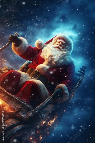 Santa Claus Riding His Sleigh on Christmas Night. Generative ai