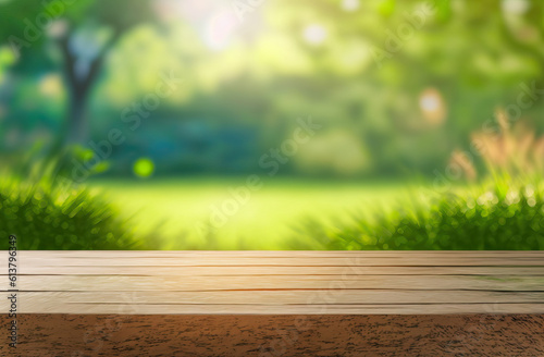 Grassy foreground Wooden table product display warm summer