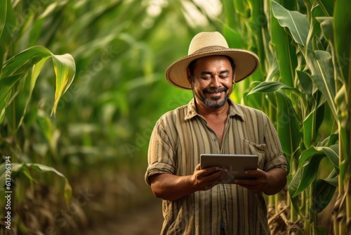Asian farmer in a corn field growing up using a digital tablet to review harvest and crop performance, Application of technology in contemporary agriculture practices. Generative Ai