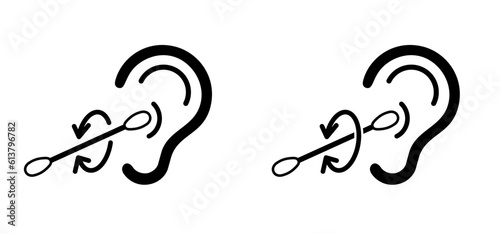 Cartoon Removing earwax, cleaning. Cleaning the auditory canal with a cotton swab. Safety, cotton swabs in ear logo or symbol. Earwax blockage concept. Hygiene, cotton ear stick. 