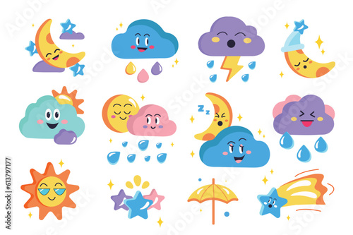 This illustration features a set of flat and cartoon weather stickers with a colorful and playful design perfect for decorating weather-related projects. Vector illustration.