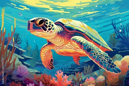 Colorful Illustration of a Sea Turtle Swimming - Vibrant Marine Life and Coastal Beauty, Generative AI © Haider