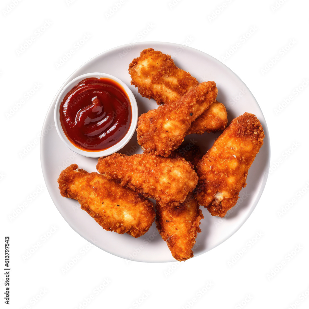 fried chicken tenders with dipping sauce isolated on a transparent background, generative ai