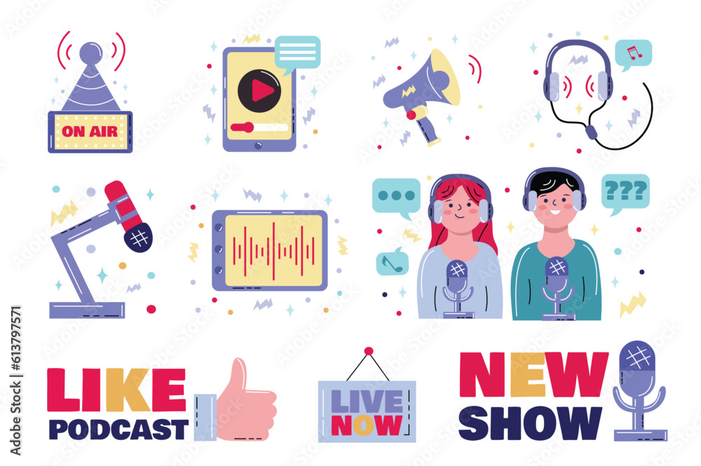 This flat cartoon design features label stickers related to podcasts. The stickers are perfect for adding elements to your podcast branding and marketing materials. Vector illustration. This flat cartoon design features label stickers related to podcasts. The stickers are perfect for adding elements to your podcast branding and marketing materials. Vector illustration.