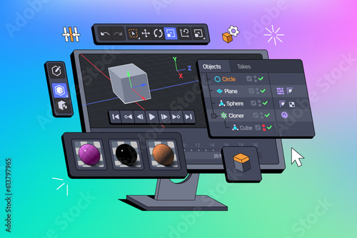 3D software suite interface displayed on a computer monitor. Viewport of Program for motion designers and animators. Creating three dimensional vfx. Isometric Vector illustration.