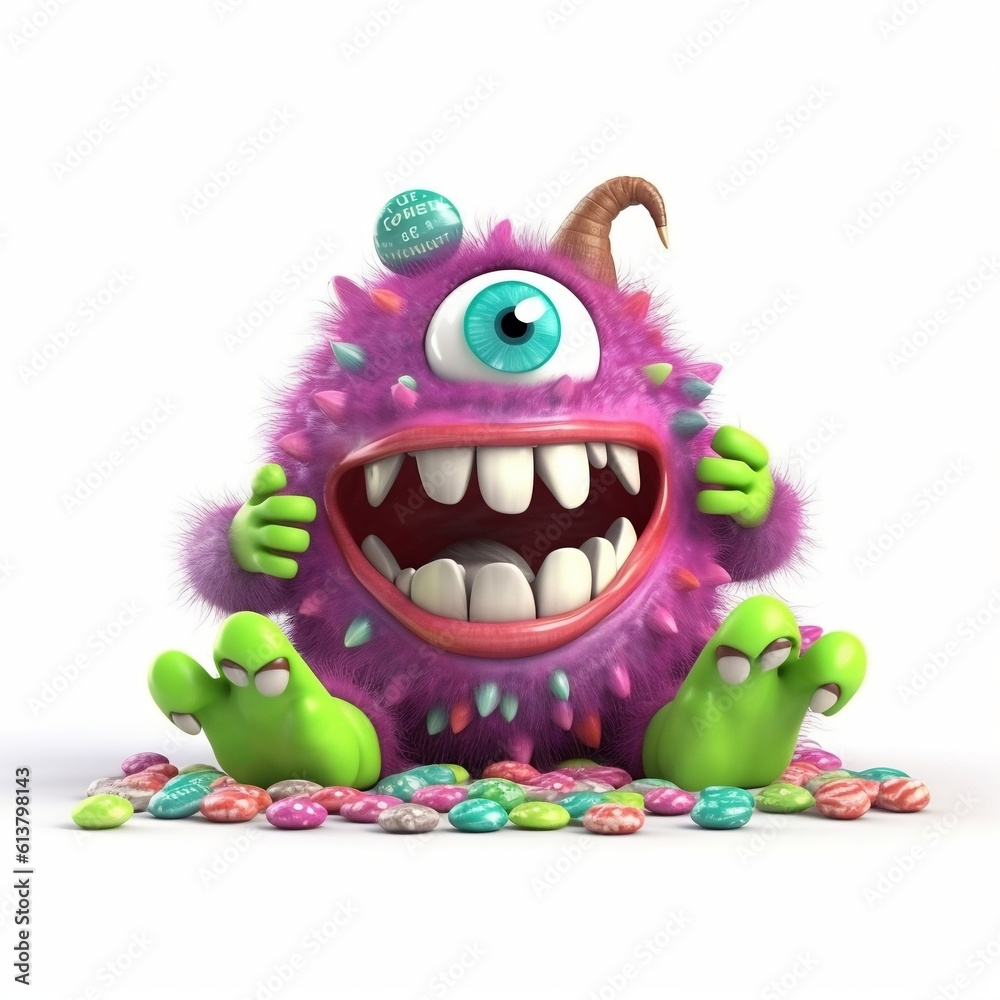 Violet funny monster on white background