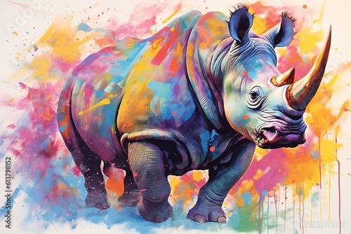 Colorful Rhino Painting - Vibrant Wildlife and Artistic Expression, Generative AI