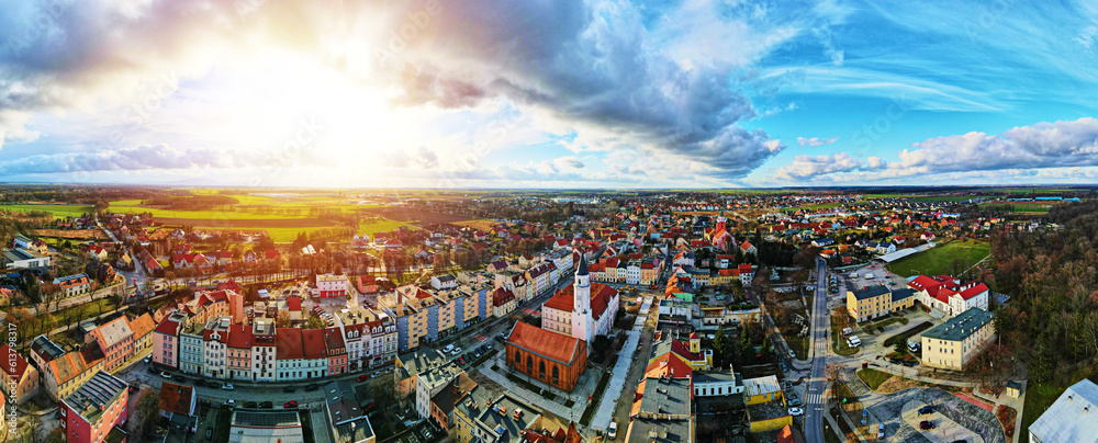 Katy Wroclawskie, Poland. Aerial view of small european town. Cityscape with town hall in central square and residential buildings at streets