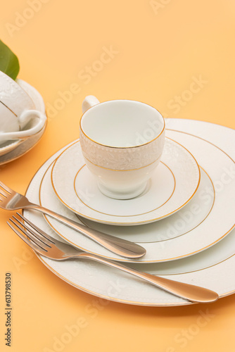 White porcelain tea cup with a golden line decoration on colour background 
