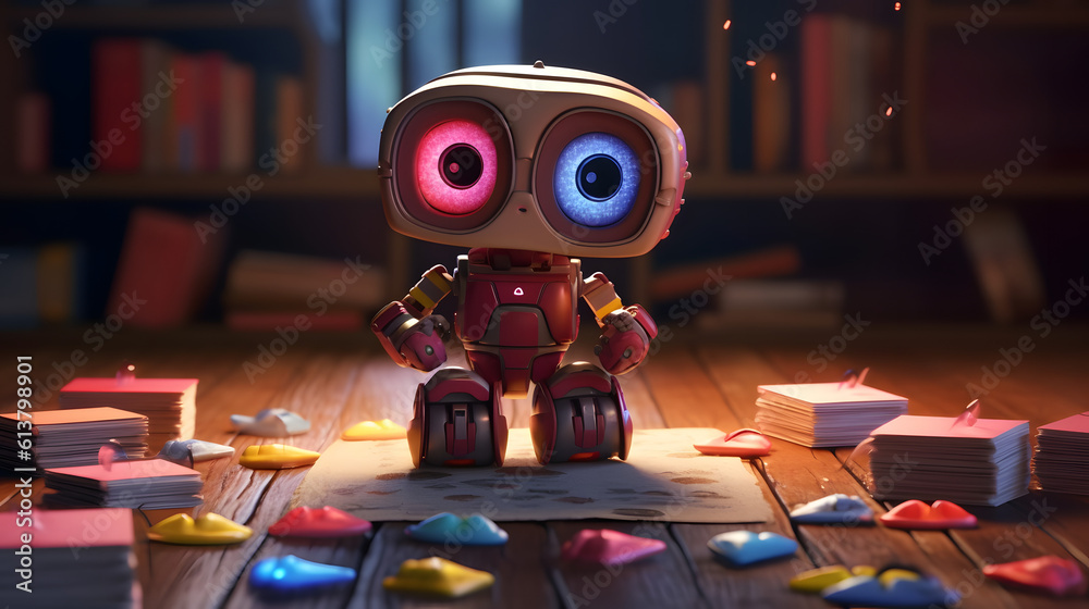 Cute robot child reading a book with a smile, cartoon style, android ...