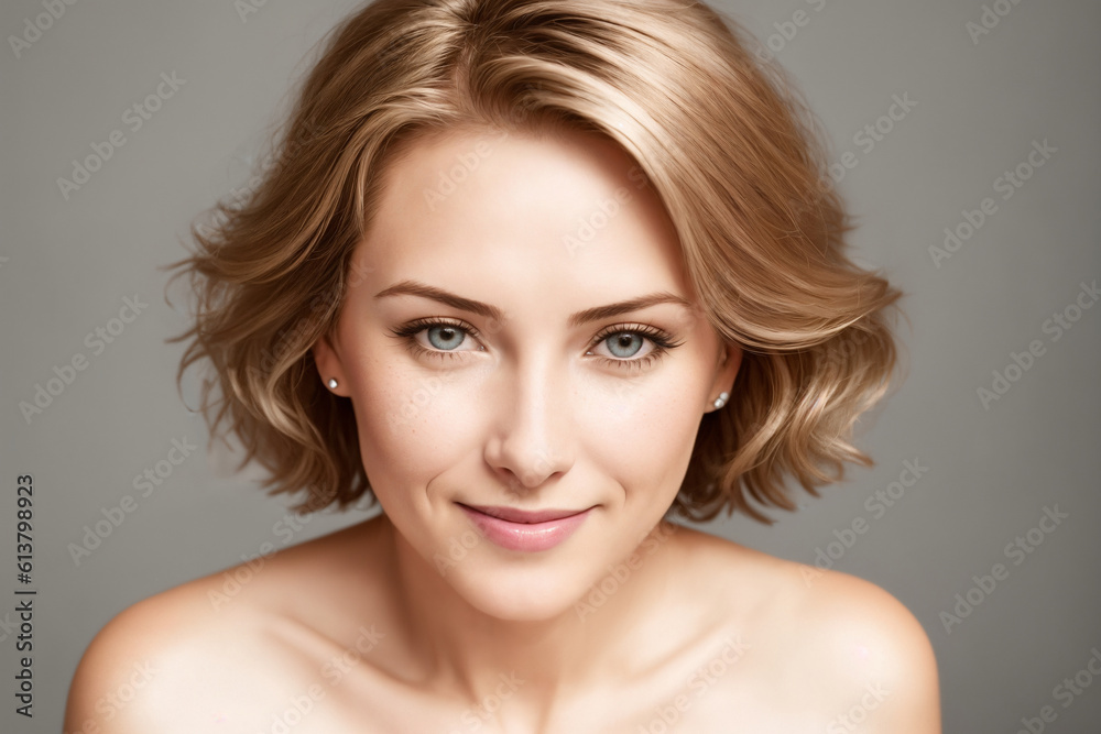 Portrait of a beautiful woman on a gray background, face close-up. Generative AI. Portrait of a beautiful woman on a gray background, face close-up. Generative AI.