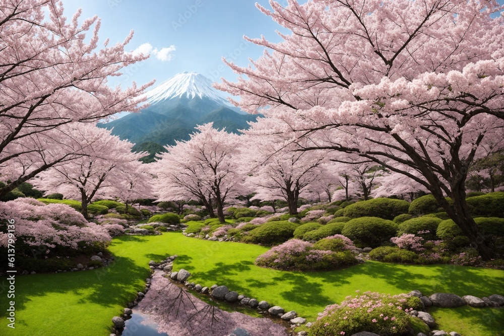 Sakura blossoms in japanese style ornamental garden, beautiful landscape. Generative AI.