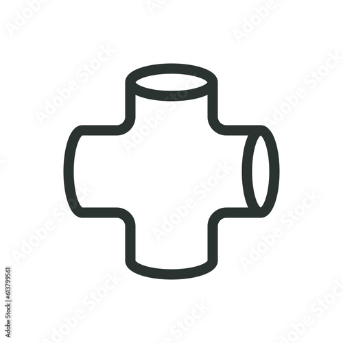 Cross pipe fitting isolated icon, cross tube connector vector icon with editable stroke