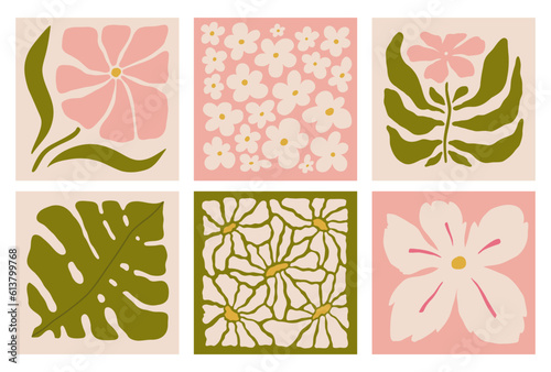 Abstract flower posters set. Trendy botanical arts