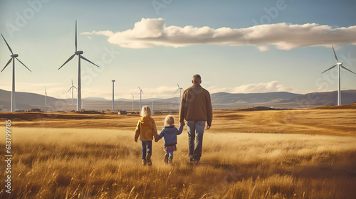 Generative ai illustration of family walking across a wind turbine field