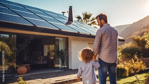 Generative ai illustration of father and child walking toward the house