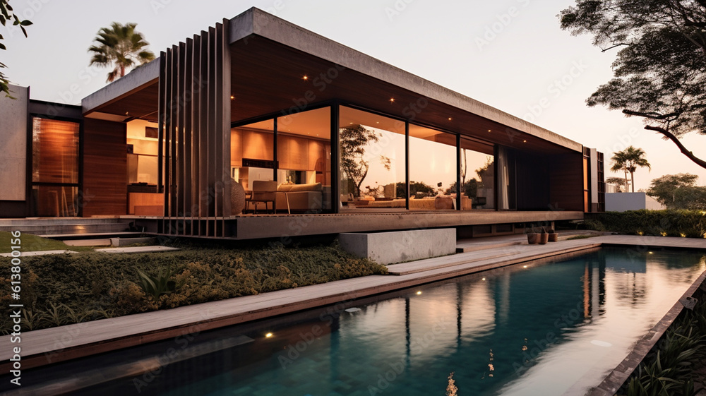 Fototapeta premium Modern cottage with swimming pool, modern style of decorating the cottage