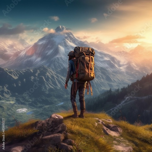 Backpacker Standing on Top of a Mountain, Looking Out Over a Breathtaking Landscape. Generative ai