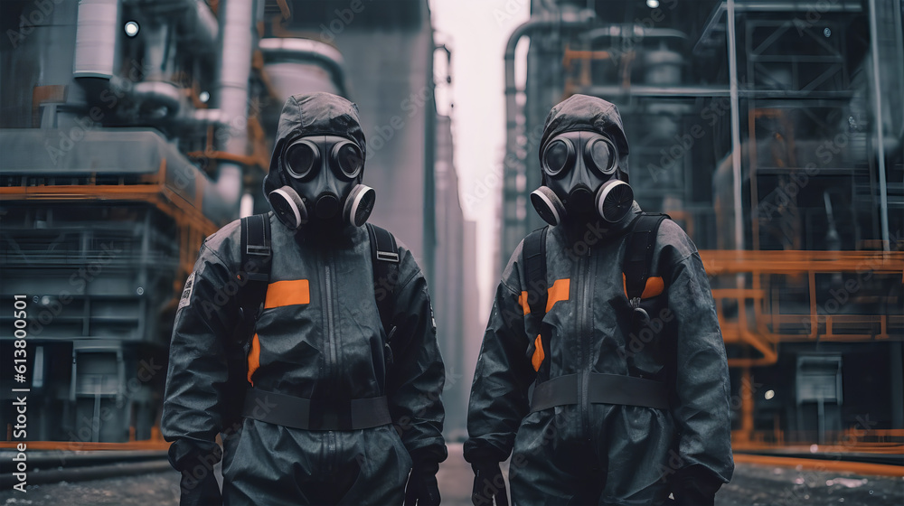 Generative ai illustration of two men outside the factory wearing gas masks Generative ai illustration of two men outside the factory wearing gas masks