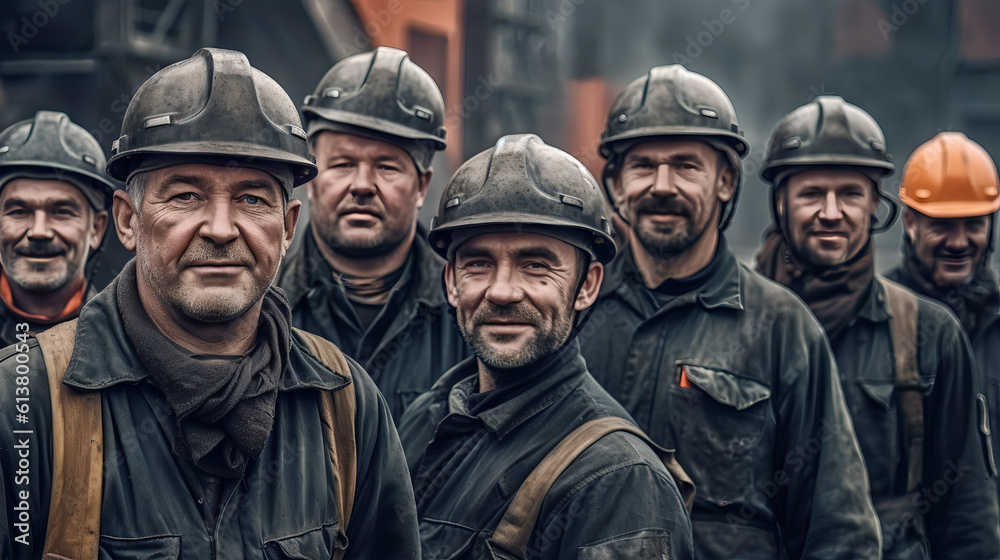Generative ai illustration of group of miners in the factory Generative ai illustration of group of miners in the factory