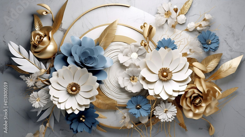 3d mural illustration white amp blue background with red golden jewelry and flowers in black decorat